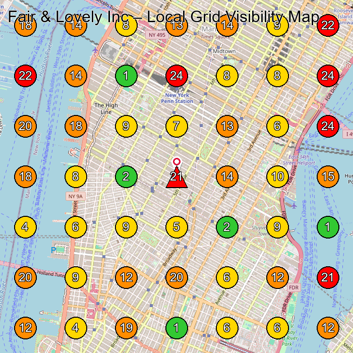 Fair & Lovely Inc Leather Goods Store GeoGrid ranking map for New York NY